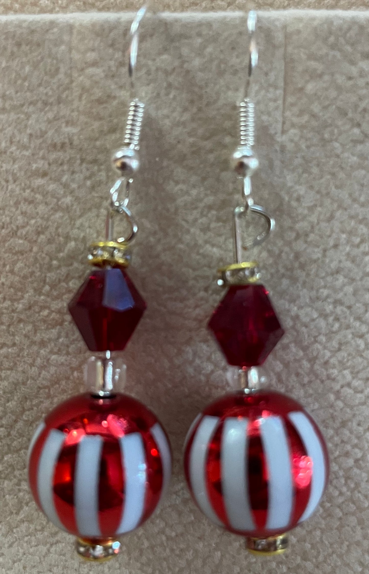 Red and white striped glass bead earrings