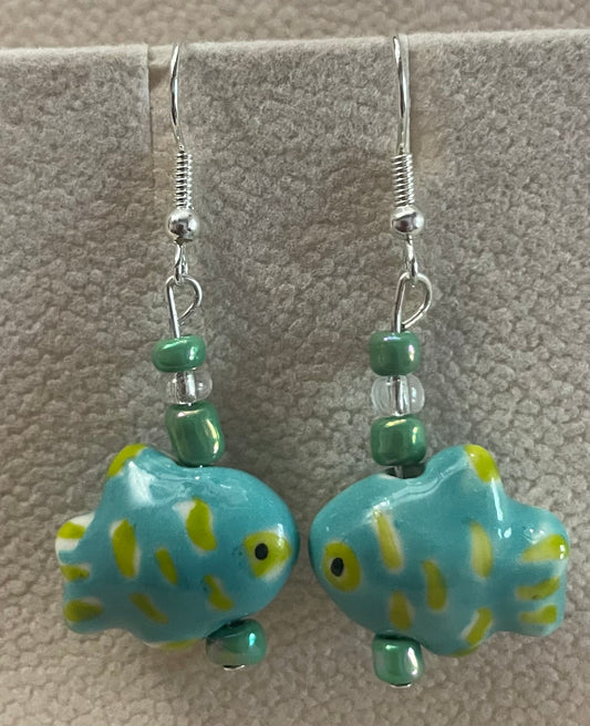 Turquoise and yellow fish earrings