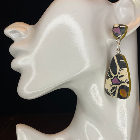 Patchwork Black, White, and Purple Earrings