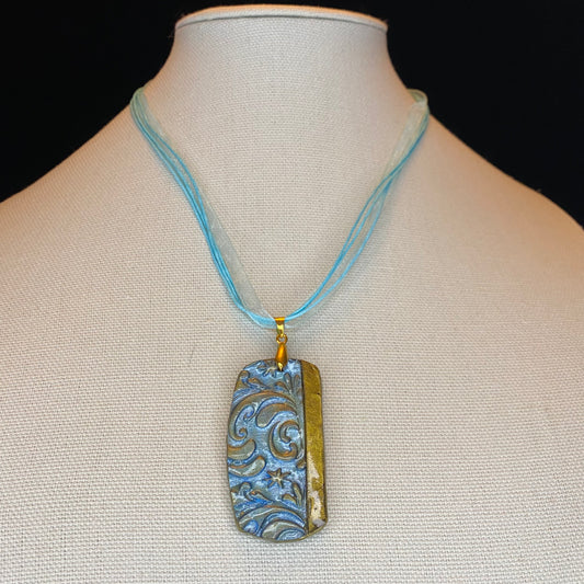 Blue and Gold Textured Oblong Pendant Necklace